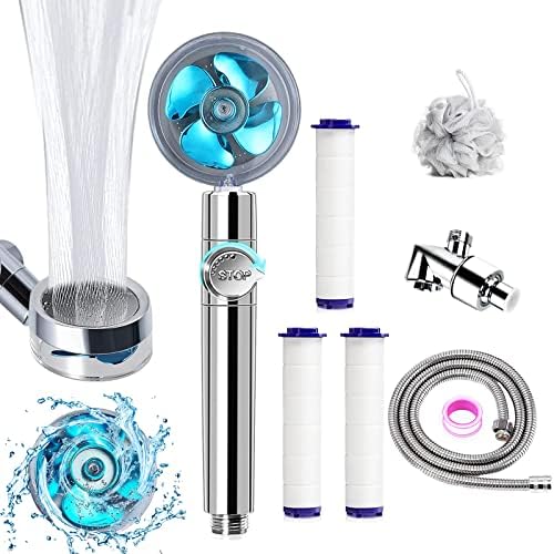 High Pressure Handheld Turbo Fan Shower Kit, 360° Rotatable Filtered Shower Head with Pause Switch, Extra Hose, Bracket, Cotton Filters & Bath Loofah by Besititli