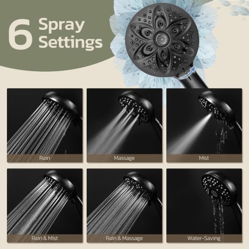 JDO Shower Head with Handheld, High Pressure Handheld 6 Settings, Detachable Shower Head Set with Stainless Steel Hose and Shower Bracket (Matte Black) - Image 4