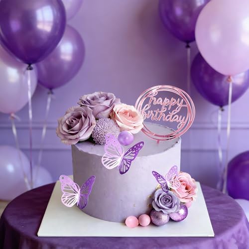 Flower Cake Toppers, Happy Birthday Rose Gold Cake Decorations with Artificial Flowers Butterfly Balls for Wedding Baby Shower Birthday Party Supplies (Purple) - Image 6