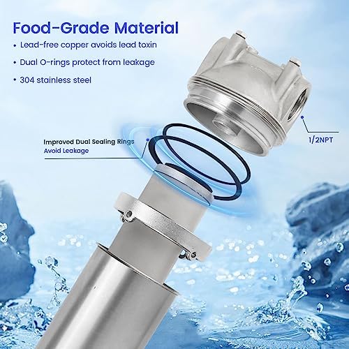 NSF/ANSI 42 Stainless Steel Whole House Water Filter Housing, 10" x 2.5" Sediment Water Filter System for Heavy Duty, Well & City Water, 1/2" NPT Port, Drain Valve Style C(Square Head) - Image 6