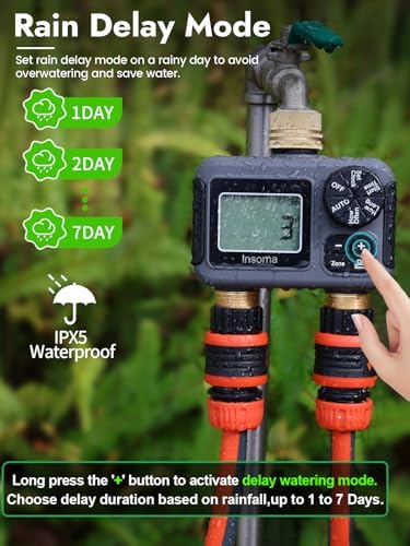 Insoma Water Timer 2 Zone, Programmable Irrigation Sprinkler Timer for Garden Hose, Outdoor Hose Faucet Timers with Rain Delay/Manual/Auto Modes, IPX5 Waterproof for Drip System & Lawn - Image 5