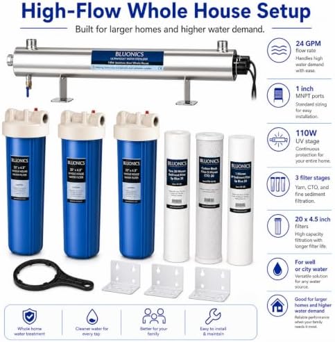 Bluonics 24 gpm Whole House Water Filter System for Well Water, 110w uv Light Treatment, 3 Filter Stages with Sediment and Carbon Filters, 20 x 4.5 housings, 1 in npt - Image 3