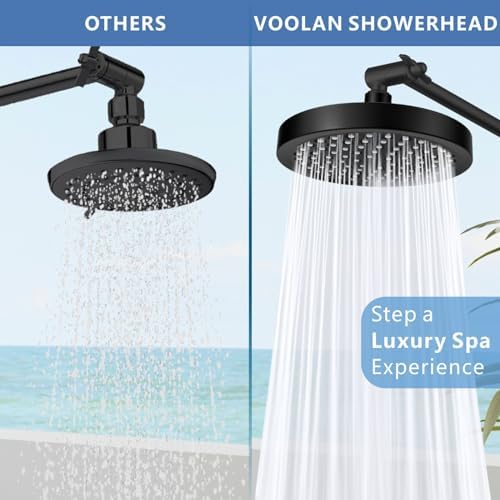 Voolan Rain Shower Head with Extension Arm - High Pressure Rainfall Showerhead - Luxury Modern Look - Comfortable Shower Experience Even at Low Water Flow (Round, Black) - Image 2