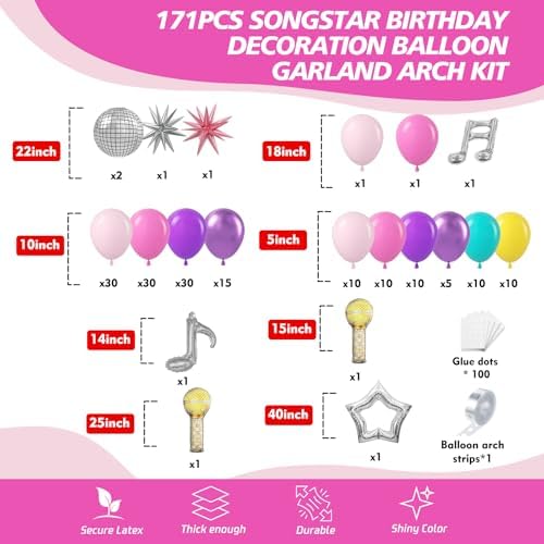 171Pcs Songster Birthday Decoration - Pink and Purple Balloon Arch Kit Hollow Star, Microphone, Disco Mylar Balloon Garland Kit for Music Fans Popular Singer Birthday Princess Party Decorations - Image 2