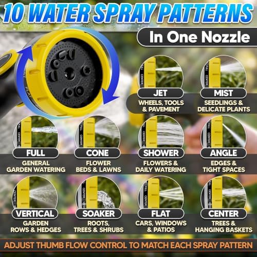 Garden Hose Nozzle, 10 Spray Patterns, Thumb Flow Control, Yellow - Image 5