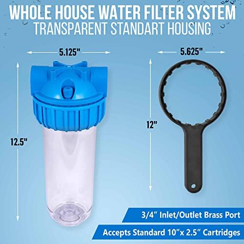 10 Inches Transparent Standard Whole House Water Filter System with Presser Relief Valve, 3/4” Inlet/Outlet Brass Port and Yearly Supply (4) Pleated Sediment Cartridges 5 Micron - Image 2
