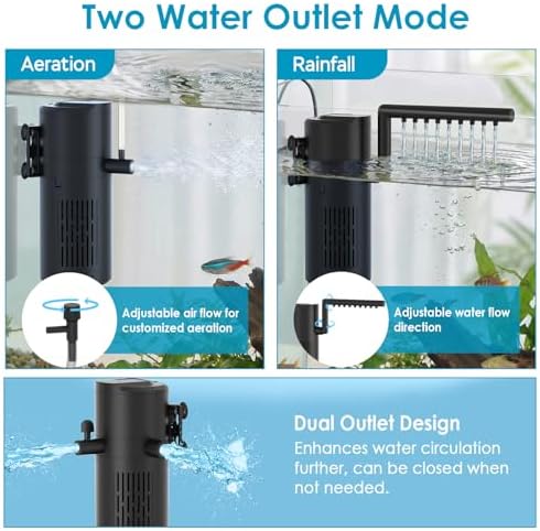 Aquarium Filter for 10-20 Gallon Tanks, Internal Fish Tank Filter, Submersible Turtle Tank Filter, with Aeration/Rainfall Modes and Dual Water Outlet - Image 4