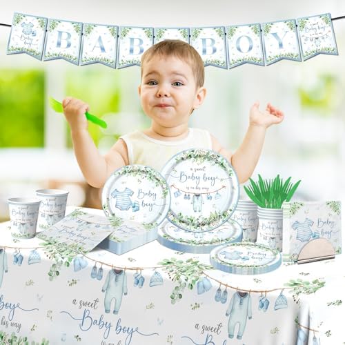 Greenery Baby Shower Tableware Set, Watercolor Blue Boy Plates, Napkins, Cups, Tablecloth for Boy Baby Shower Gender Reveal Supplies - Image 5