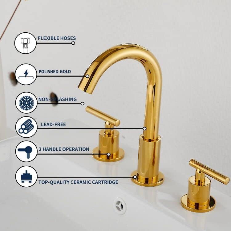 2-Handle Bathroom Faucet 3 Holes 360 Swivel Spout Gold Widespread Bathroom Sink Faucet with Pop Up Drain - Image 5