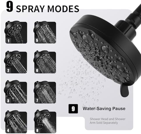 OFFO Shower Head, High Pressure Shower Head with Pause Mode, 9 Mode Fixed Showerheads for Strong Water Flow & Relaxing Shower Experience, Matte Black - Image 4