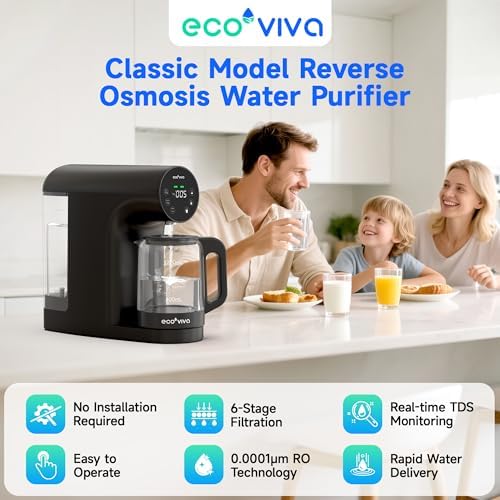 Ecoviva Countertop Reverse Osmosis Water Filter, 6 Stage RO Water Filtration System with 44 oz Glass Carafe, No Installation Water Purifier, 3:1 Pure to Drain, Black - Image 2