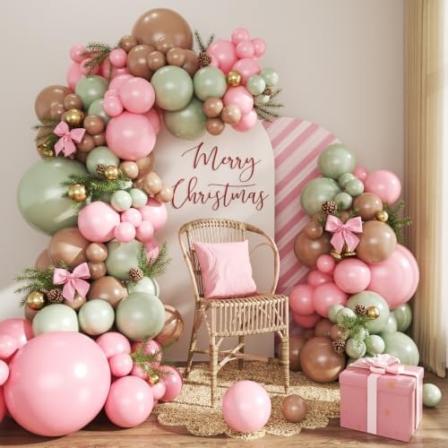 CROSSFINGERS Pink Green Brown Balloon Arch Kit for Christmas Decorations by CROSSFINGERS