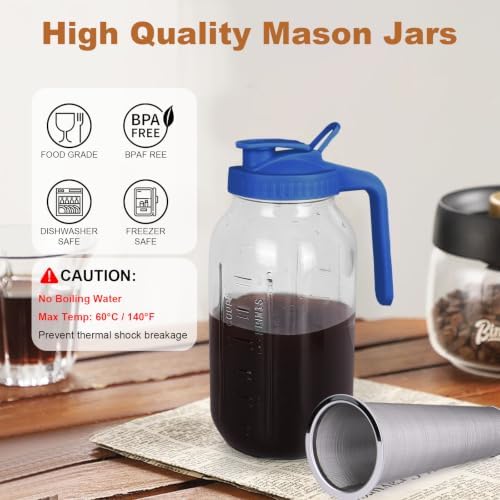 Cold Brew Coffee Maker, 64 oz Mason Jar Pitcher with Stainless Steel Filter, Pour Spout Handle Lid, Heavy Duty Glass Airtight & Leak-Proof for Iced Coffee,Tea & Lemonade - Image 3