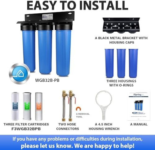 iSpring WGB32B-PB+AHPF12MNPT16X2 3-Stage Whole House Water Filter System, Reduces Lead, Chlorine, Sediment Home Water Filtration w/ 3/4'' Braided Stainless Steel Hose Connectors - Image 6