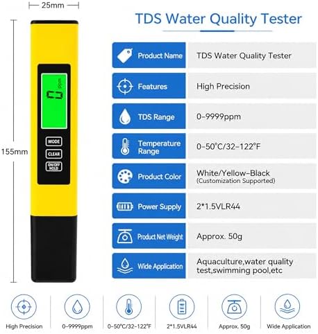 4 in 1 Tds Meter Digital Water Tester-TDS EC&Temp(°C/°F) Meter-0-9999ppm Accurate for Drinking Water,Hydroponics,Aquariums,RO Systems,Pool(Yellow) - Image 5