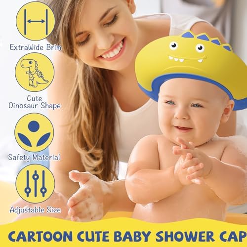 Thcbme Baby Shower Cap Shield, Shower Cap for Kids, Visor Hat for Eye and Ear Protection for 0-9 Years Old Children,Cute Dinosaur shape Makes the Baby Bath More Fun… (Yellow) - Image 4