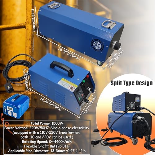 INTSUPERMAI 1500W Industrial Boiler Tube Cleaner Boiler Pipeline Cleaning Machine 110V/220V Evaporator Heat Exchanger Duct Cleaner with 26ft Shaft Brushes Bits for 12-36mm/0.47-1.42in Pipes - Image 2