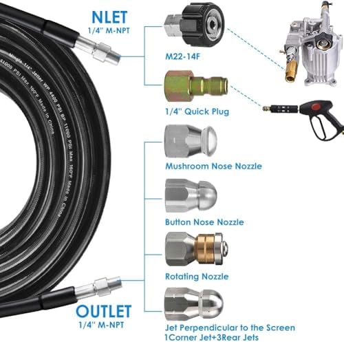 200FT Sewer Jetter Kit for Pressure Washer, 5800PSI Drain Cleaner Hose 1/4 Inch NPT Corner, Rotating and Button Hose Sewer Jetting Nozzle Pearl Corsage Pin Waterproof Tape with 2 Spanner - Image 3