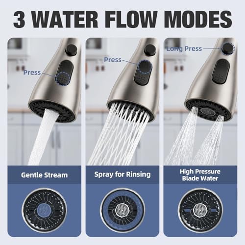 Kitchen Faucet Head Replacement, 3-Function Pull Down Spray Head with 9 Adapters, Sink Faucet Spray Head Compatible with Moen, Delta, American Standard Faucet, etc, Brushed Nickel - Image 2