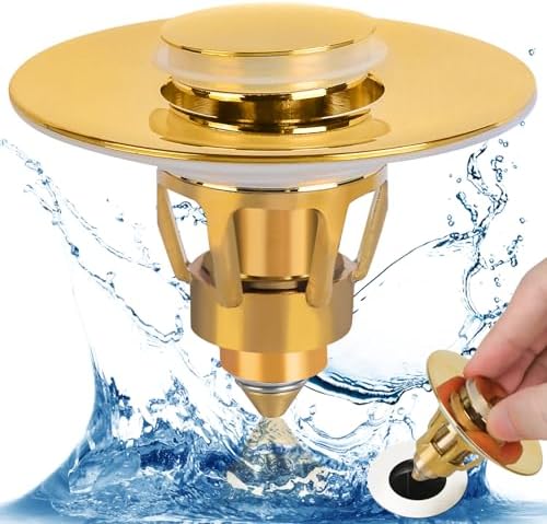 Three colors Bathroom Sink Stopper, 1.1-1.5" Bathroom Sink Drain Strainer, Universal WashBasin Pop Up Drain Stopper, Bounce Core Push Type Sink Plug, Anti-Clogging, Stainless Steel (Gold,1PCS) by THREECOLORS
