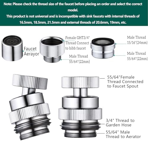 Sink Faucet Adapter Kit Swivel Aerator Adapter to Connect Garden Hose,Multi-Thread Garden Hose Adapter for Bathroom/Kitchen,3/4" GHT thread，1 pcs - Image 3
