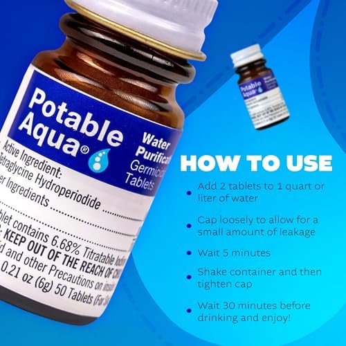 Potable Aqua Water Purification Treatment - Portable Drinking Water Treatment for Camping, Emergency Preparedness, Hurricanes, Storms, Survival, and Travel (50 Tablets), Black, single pack - Image 6