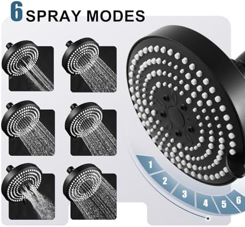 OFFO Shower Head, High Pressure Shower Head with 6 Mode, Fixed Showerheads for Strong Water Flow & Relaxing Shower Experience, Matte Black - Image 4
