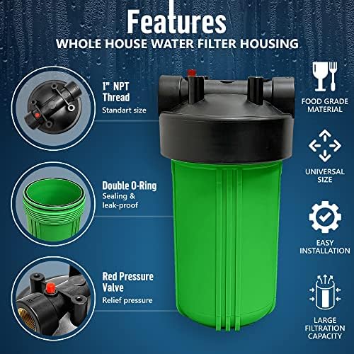 High Capacity 10 x 4.5” Whole House Filter Purifier System for Well or City Water, Presser Relief Button, 1” NPT Brass Port, Double O-Ring, Meets NSF Standards & Regulations (Green, 1 Set) - Image 2