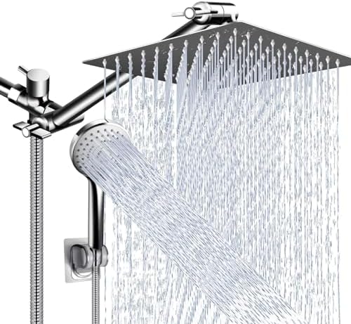 Shower Head Combo,10" High Pressure with 11" Extension Arm 5 Spray Handheld by PINWIN