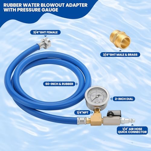 MEASUREMAN Garden Hose Blowout Kit, 0–60 PSI Pressure Gauge, 3/4 Inch GHT, 1/4 Inch Quick Connect Blowout Plug with Shut Off Valve for Outdoor Faucet & Sprinkler Systems (60-Inch Blue Rubber) - Image 3