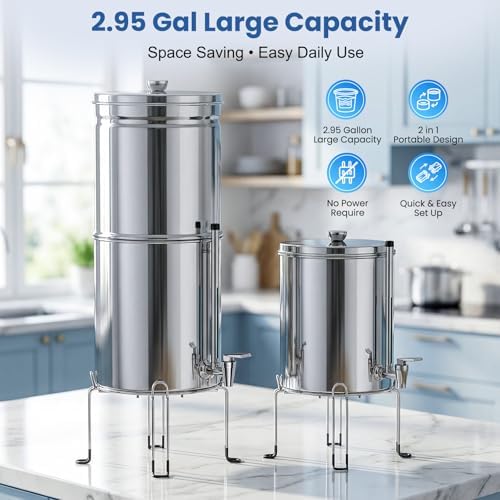 Upgraded Stainless Steel Gravity Water Filter System,2.95 Gallon 6-Stage Countertop Filtration with 4 Filters for Home Kitchen & Outdoor Use,No Electricity Required - Image 3
