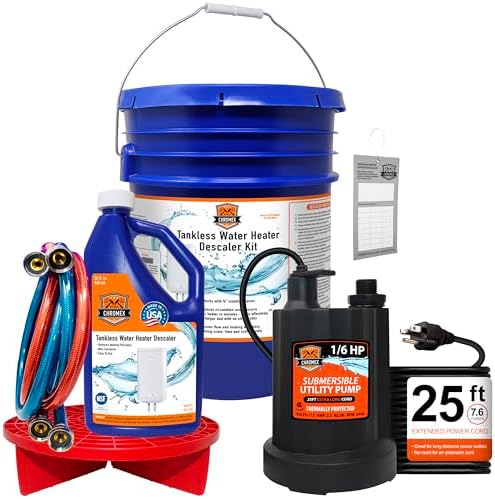 Tankless Water Heater Flush Kit with NSF Certified Liquid Descaling Solution and 1/6HP Heavy Duty Pump with 25 Ft Extra Long Power Cord by Chromex