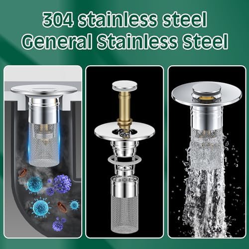 Vodolo 3 in 1 Sink Drain Strainer with Hair Catcher,2PCS Stainless Steel Popup Sink Stopper with Basket for Bathroom Kitchen Shower,Pop-up Bounce Core Floor Basin Drain Filter,Replacement Sink Plug - Image 4