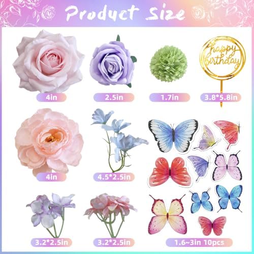Flower Cake Toppers, Happy Birthday Rose Gold Cake Decorations with Artificial Flowers Butterfly Balls for Wedding Baby Shower Birthday Party Supplies (Lavender) - Image 2