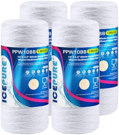 ICEPURE 1 Micron 10”*4.5'' Whole House Sediment String Wound Water Filter Replacement filter for 84637, WPX5BB97P, PC10, 355214-45, 355215-45, WP10BB97P, WP5BB97P, 4 PACK by ICEPURE