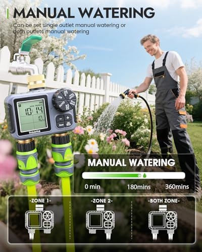 Insoma 2-Zone Sprinkler Timer with Brass Inlet & Outlet, Water Timer for Garden Hose with Auto/Manual/Rain Delay Mode, Big LCD Display, Easy Setup Hose Timers for Lawn, Garden, Vacation Watering - Image 4