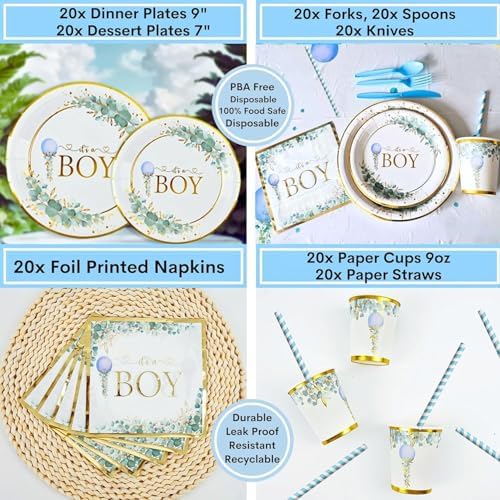 MEGA 254 Pc Watercolor Dusty Blue And Sage Green Baby Shower Decorations Boy, Gender Neutral Balloons Garland Kit, BABY boxes, Backdrop, Banners, Cake Topper, Tablecloth, Plates Napkins, Cups Utensils - Image 3