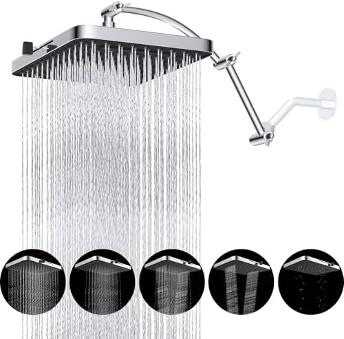 Hibbent Rain Shower Head, 13'' High Pressure Rainfall Square 5 Spray Mode Showerhead with 16" Shower Head Extension Arm, Solid Brass Adjustable Shower Arm Extender, Waterfall fixed Showerheads, Chrome by Hibbent