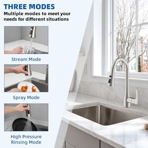 Hibbent Kitchen Faucet Spray Head, 3-Function Nozzle, Brushed Nickel - Image 2