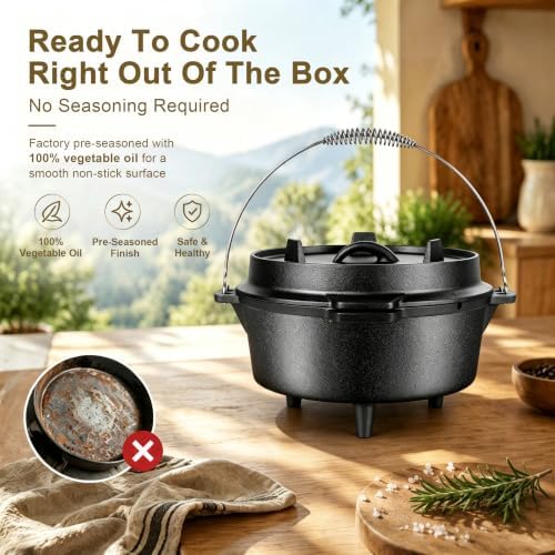 Joyfair Pre-seasoned Cast Iron Camp Dutch Oven, 5QT Pot & 2QT Skillet Lid - Image 6