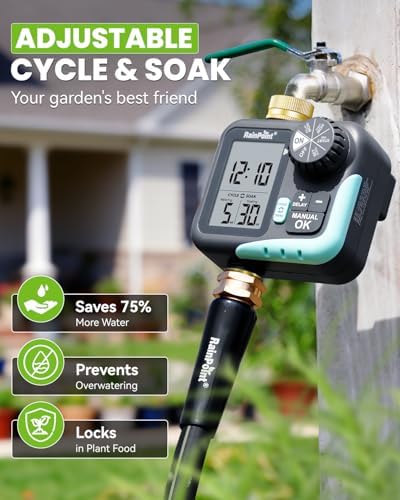 RAINPOINT Sprinkler Timer for Garden Hose - Hose Timer with Cycle & Soak/Rain Delay/Automatic Watering/Manual Watering, Programmable Irrigation System with Large Display, Brass Inlet & Outlet - Image 3