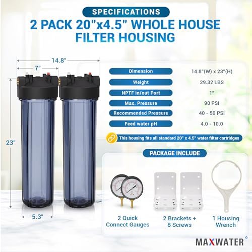 Max Water 20" x 4.5" Whole House Water Filter Housing – Fits Standard Large Blue Filters – 1 inch Inlet/Outlet Ports with Pressure Gauge Wrench and Bracket (2 Housing + 2 Pressure Gauge) - Image 2