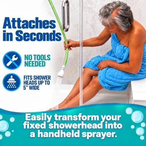 Rinseroo: Seated Bathing Hose. Slip-On Handheld Shower Attachment w/Spray Head. Converts Fixed Shower Head into Handheld Bather. Portable, No-Install Shower Hose Wand for Seniors, RV. Gravity fed - Image 3