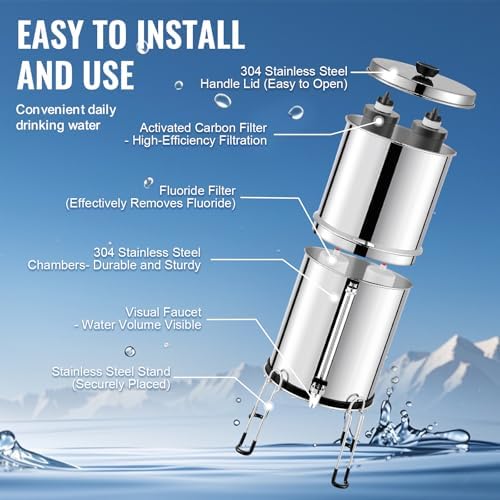 VEVOR Gravity-fed Water Filter System, 2.25G 304 Stainless-Steel Countertop Filtration System, Reduces Lead and up to 99% of Chlorine, with 2 Activated Carbon Filter, 2 Defluorination Filter, Spigot - Image 6