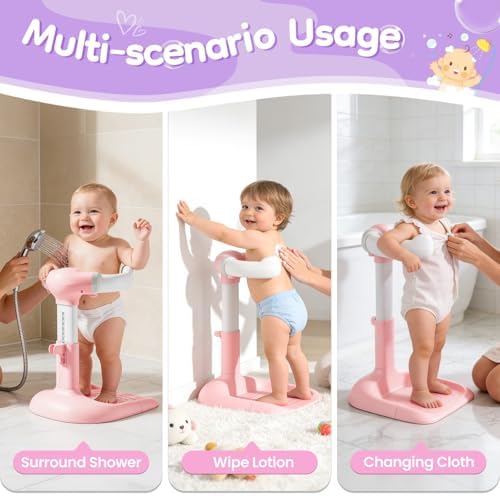 Upgraded Baby Shower Stand with Anti-Pinch Silicone & Anti-Slip Base, Adjustable Height Soporte para Bañera de Bebé, Baby Bath Standing Support Assist Holder for 6-36 Months Toddler, Ideal Gift, Pink - Image 7