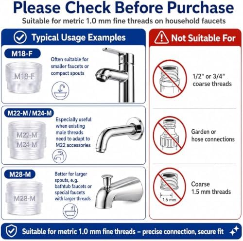 Faucet Adapter Kit, 8 Thread Sizes M18-M28, Includes U.S. Sizes 15/16"-27 and 55/64"-27, for Removable Faucet Aerators and Standard M22 Male Faucet-Mounted Accessories, BPA-Free ABS - Image 6