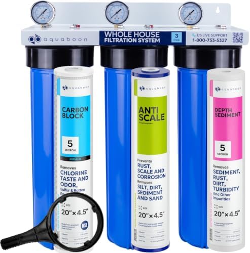 Aquaboon 3-Stage Whole House Water Filter System with 5 Micron 20x4.5 Anti-Scale Reducing Sediment Water Purification and Carbon Chlorine Reduction Filter, Pressure Gauges, Wrench, Bracket by Aquaboon