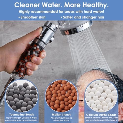 Vacto High Pressure Handheld Shower Head with Filter, Shower Head Kits with Hose and Bracket, Hard Water Softener Water Purifying Filtered Showerheads with Filter Beads - Image 2