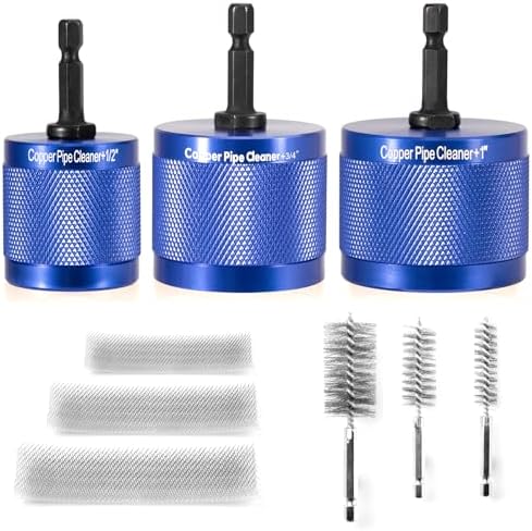 9PCS 1/2" 3/4" 1" Copper Pipe Cleaner Set with 1/4" Hex Shank, 3-Size Replaceable Cleaning Blades & Steel Brushes[16/22/28mm], Drill Compatible Plumbing Tool for Rust Paint Stain Removal by Unknown