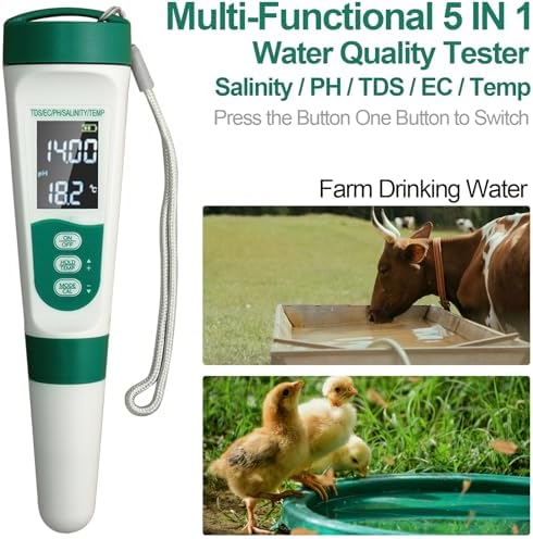 Display PH Meter Watter Tester 5 in 1, Functions: PH,TDS,EC,Salt,Temp, IPX5 Waterproof, High Accuracy With 3 Calibration Powders, for Saltwater Pool, Hot Tubs, SPAs, Aquarium, Hydroponics System - Image 4